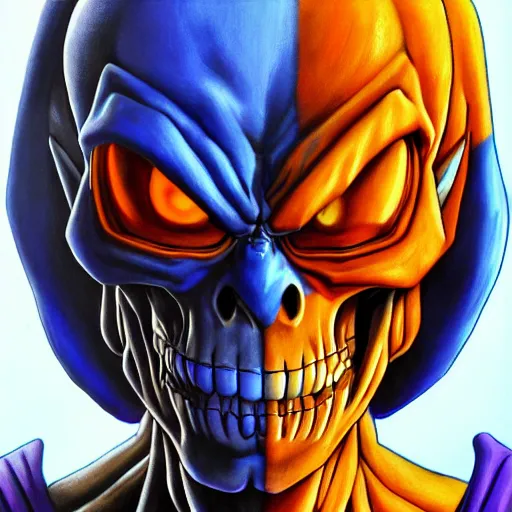 Image similar to ultra realistic portrait painting of skeletor, art by akira toriyama, 4 k, dragon ball artstyle, cel shaded, highly detailed, epic lighting