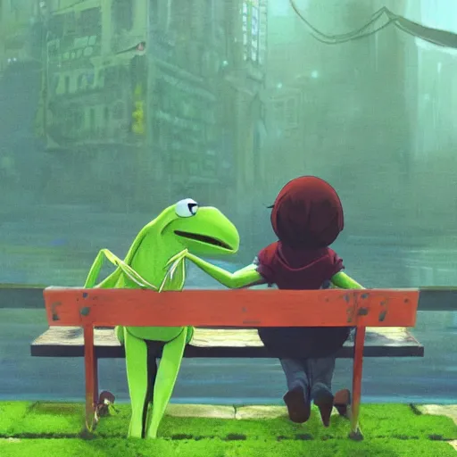 Prompt: kermit the frog, by makoto shinkai