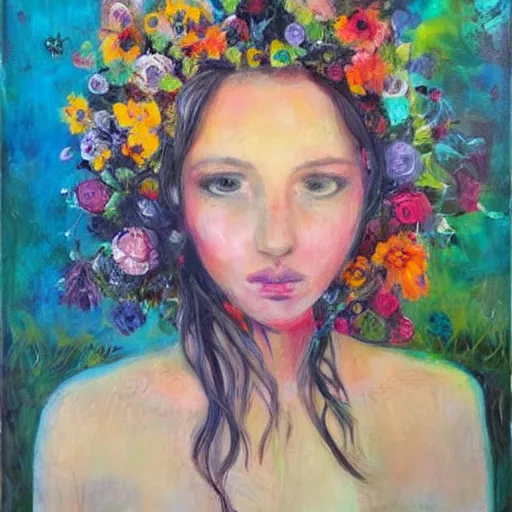 Prompt: portrait of a female with flowers in hair, morning light, artist juliette belmonte's profile on artfinder. buy paintings by juliette belmonte and discover thousands of other original paintings, prints, sculptures and photography from independent artists