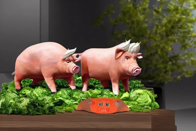 Prompt: a fake pig donald trump on top of vegetables on a table, a bronze sculpture by jeff a. menges, trending on pinterest, hyperrealism, hyper - realistic, hyper realism, playstation 5 screenshot