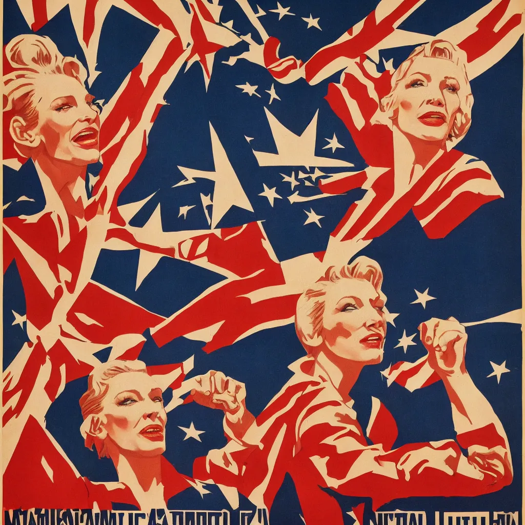 Image similar to american propaganda poster with cate blanchett calling on the world community to fight against Nazism, Ultra Detailed, soviet realism