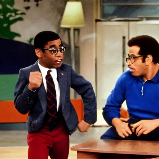 Image similar to steve urkle punching joe biden on the set of a 1 9 8 0 s children's show, detailed facial expressions