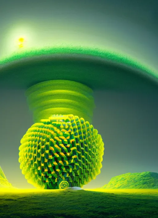 Image similar to a painting of a green and yellow swirl in the middle of a mountain, a computer rendering by mike winkelmann, shutterstock contest winner, nuclear art, tesseract, apocalypse art, concept art