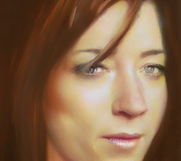 Image similar to a hyper-detailed portrait of Alyson Hannigan by Craig Mullins; oil on canvas; trending on artstation; 90mm; f/1.4