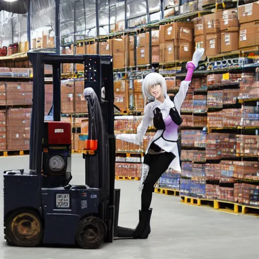 Image similar to a person cosplaying homura akemi operating a forklift