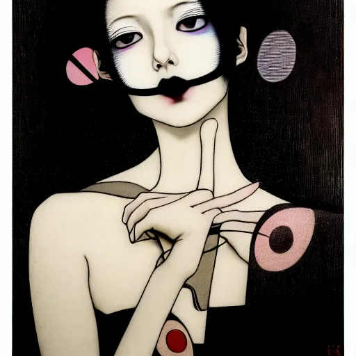 Image similar to yoshitaka amano blurred and dreamy realistic three quarter angle portrait of a young woman with black lipstick and black eyes wearing dress suit with tie, junji ito abstract patterns in the background, satoshi kon anime, noisy film grain effect, highly detailed, renaissance oil painting, weird portrait angle, blurred lost edges