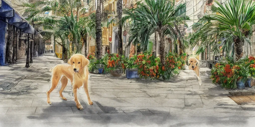 Image similar to photoreal golden retriever dog standing in tel aviv street looking at the camera. palm trees. optimistic. digital art. watercolor. highly detailed. drawing. art. colorful. fluffy