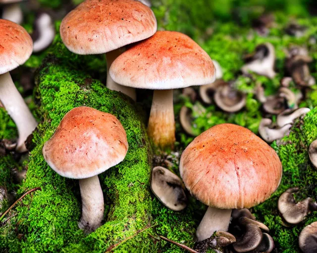 Image similar to a cluster of mushrooms in a forest, moss, autumn, warm colors, photography, depth of field