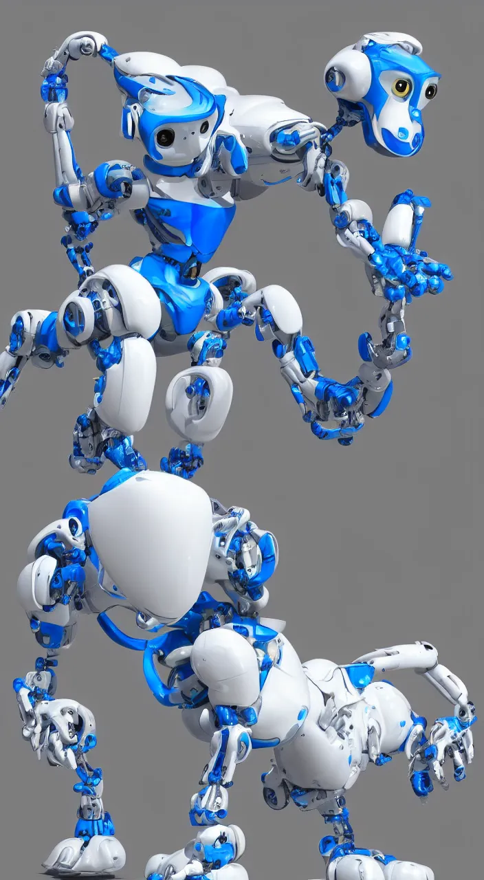 Image similar to a female white and blue robotic griffin, CGI, in the style of Pixar