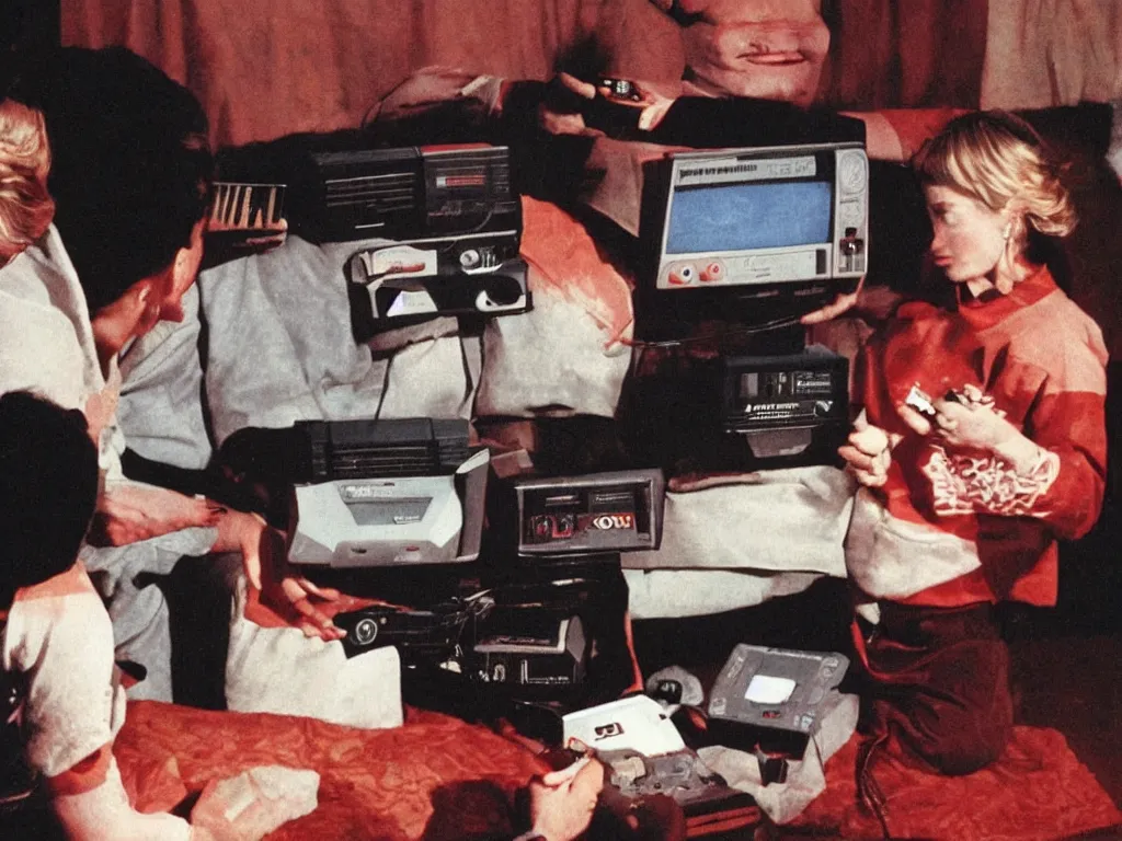 Prompt: twin peaks eating a nes video console