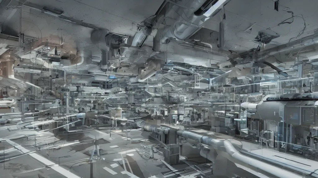 Image similar to a secret research center with a scanning machine connected by many computers with many pipes, photorealistic, ultra detailed, cinematographic, filmic
