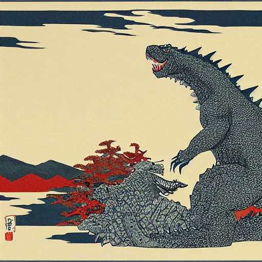 Prompt: Godzilla attacks Tokyo in the style of Hokusai