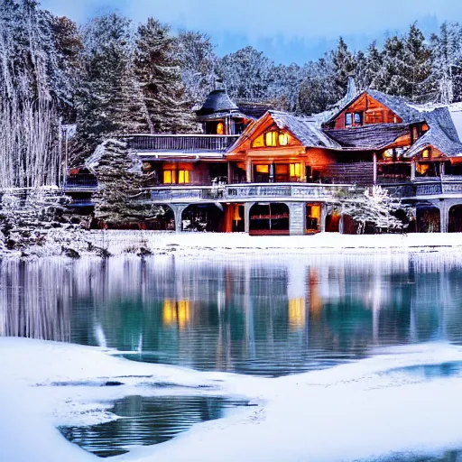 Prompt: wooden mansion in the woods snow, lights large lake highly realistic photorealistic