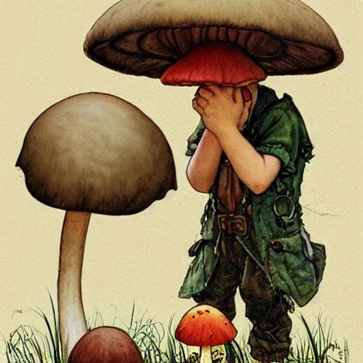 Image similar to lonely mushroom makes a friend, george kamitani, norman rockwell, dean cornwell, storybook illustration, arthur rackham, Artstation, Hyperdetailed, stylized, cel shading