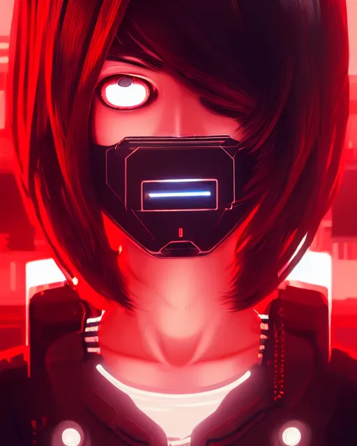 Image similar to a detailed potrait of a cyberpunk cyborg girl with black and red parts, perfect face, realistic shaded perfect face, detailed. night setting. very anime style. realistic shaded lighting poster by ilya kuvshinov katsuhiro, unreal engine, global illumination, radiant light, detailed and intricate environment