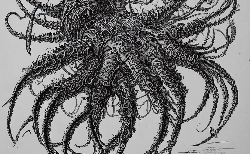 Image similar to sci - fi biomechanical, colored monster character design, fantasy. intricate jellyfish crab eagle lizard biomechanical. by ernst haeckel