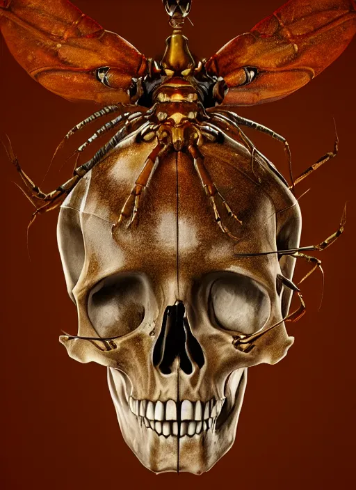 Image similar to hyper realistic photography of intricate renaissance bone skull insect lobster cinematic, symmetric detailed, artstation, cgsociety