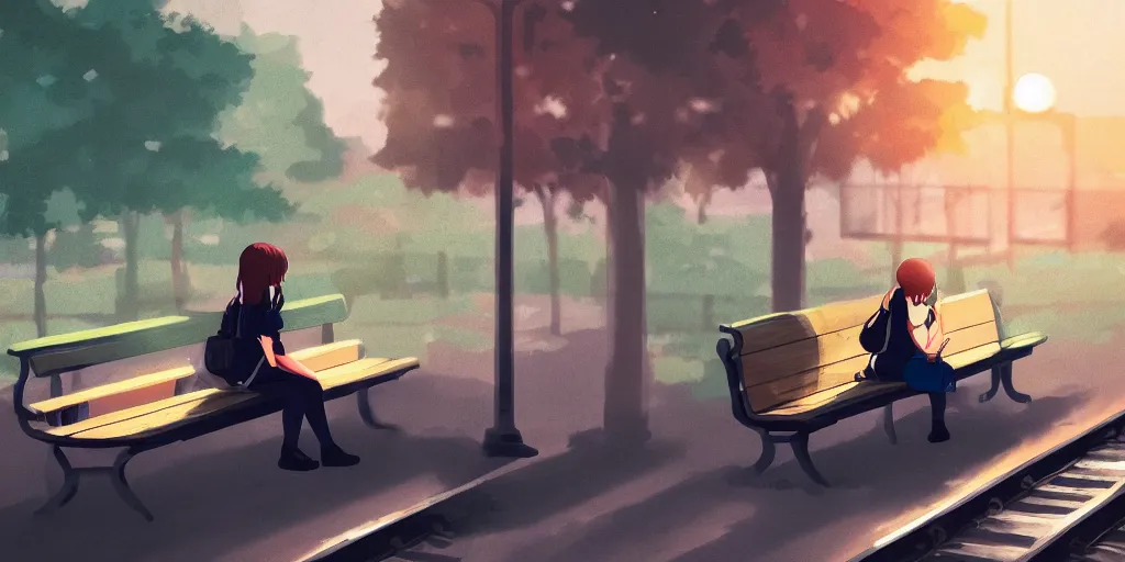 Image similar to lonely girl sitting on a bench waiting at a train station, evening, detailed matte painting, low angle view, telephoto lens, bokeh, studio ghibli, artstation