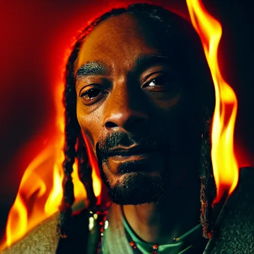 Image similar to cinematic film still of Snoop Dogg starring as a Samurai holding fire, Japanese CGI, VFX, 2022, 40mm lens, shallow depth of field, film photography