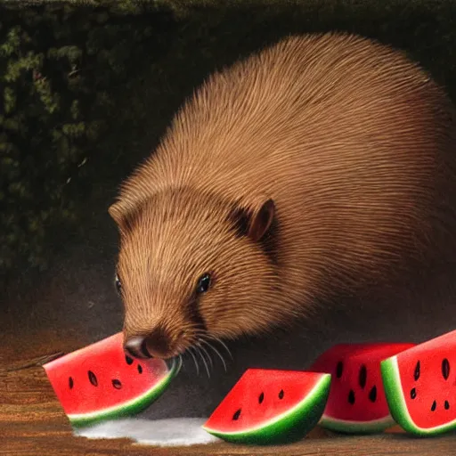 Prompt: a realistic photograph of a beaver spitting watermelon seeds into a bucket, detailed, glow, 8k, hyper-realsim