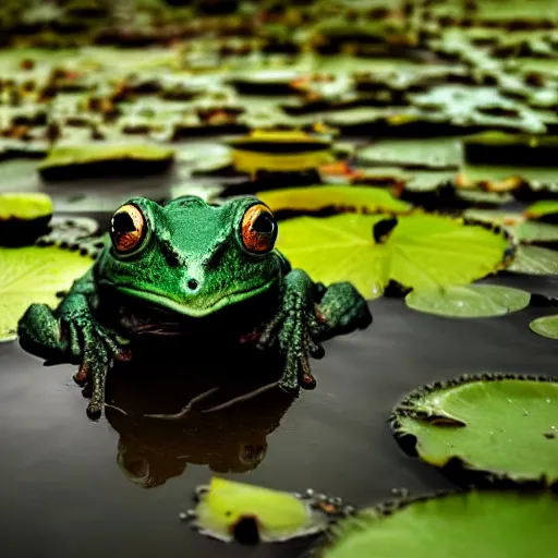 Image similar to dark clouds, close - up of a alien space frog in the pond with water lilies, shallow depth of field, highly detailed, autumn, rain, bad weather, ominous, digital art, masterpiece, matte painting, sharp focus, matte painting, by isaac levitan, asher brown durand,