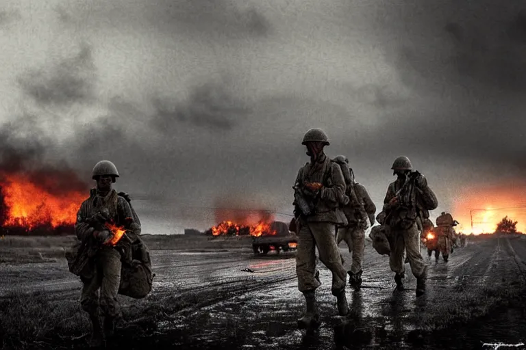 Prompt: desolate battleground, multiple soldiers on the ground!, thick dark smoke!, vehicles on fire, heavy rain from thick clouds, storm, (mushroom cloud) in the background, bleak, melancholy atmosphere, band of brothers, 4k artwork by Gregory Crewdson and Grzegorz Domaradzki and Ivan Shishkin and Jakub Rozalski