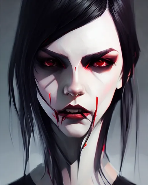 Image similar to sharp hq rendering, dark vampire, character portrait, concept art, painterly, fanart, highly detailed in the style of wlop by ilya kuvshinov, wenjun lin, angular asymmetrical design