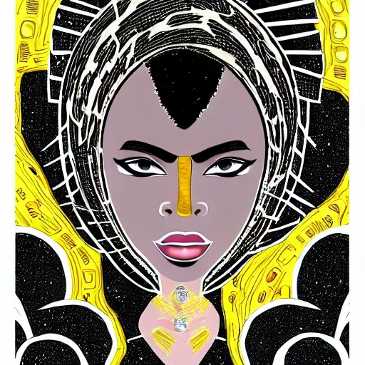 Prompt: black woman, afrofuturist, cell shaded, comic book style art, gold jewelry, face paint