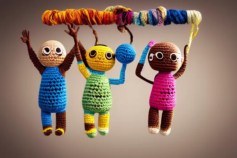 Image similar to a group of three crochet cute astronauts climbing a yarn wall. cute, illustration, digital art, inspired by little big planet, by greg rutkowski, detailed, sharp, masterpiece, highly detailed, photorealistic, octane render, 8 k, unreal engine 5, trending on artstation, vivid colors, cinematic, close up