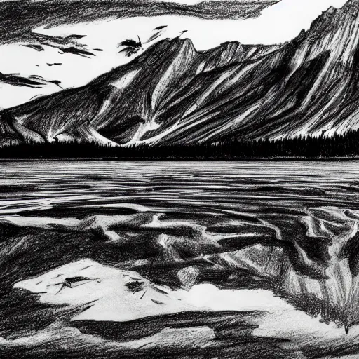 Image similar to a drawing of lago di sorapis, in the style of den yakovlev, black and white, hyper realistic, highly detailed