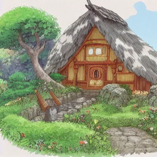 Image similar to studio ghibli hermit cottage by Hayao Miyazaki