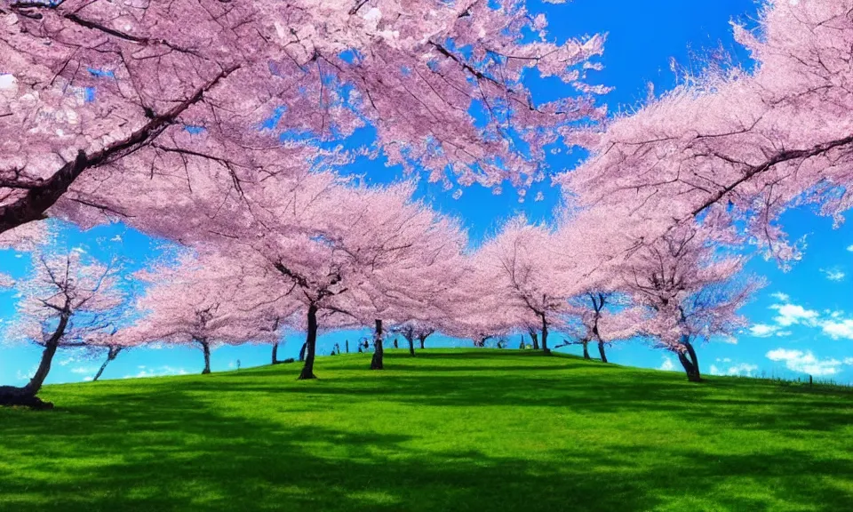 Image similar to a beautiful landscape, cherry trees, blue sky, anime style