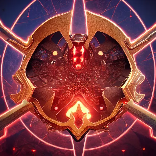 Image similar to full shot of a symmetrical game sigil of scary medieval weapons crossed, red powerful fantasy epic legends, game icon stylized, digital illustration radiating, a glowing aura, global illumination, ray tracing, 8 k high definition, intricate details, octane render, unreal engine, trending on arstation