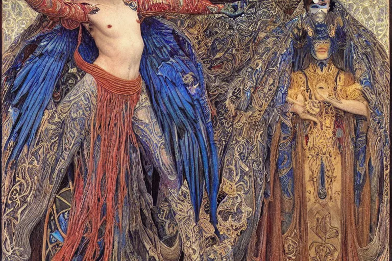 Prompt: coronation of the raven king, by Annie Swynnerton and jean delville and Nicholas Roerich, embroidered brocade, tattoos, elaborate costume, geometric ornament, symbolist, rich colors, dramatic lighting, smooth, sharp focus, extremely detailed