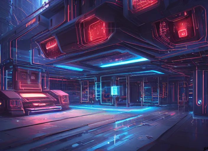 Prompt: exterior of scifi temple, machines, architecture, cult of artificial intelligence, ultra realistic, gaming computers, highly detailed, atmosphere, masterpiece, concept art, glowing wires, transparent objects, cyberpunk, highlighted, 4 k, cinematic, art by patryk olkiewicz and chris ostrowski and liang yao