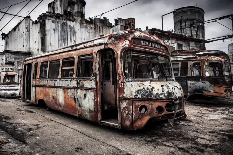 Image similar to low wide angle shot of dilapidated fallout 5 europa, temperate european hamlet, desolate, dilapidated neon signs, few rusted retro futuristic vintage parked vehicles like cars, ( ( ( ( buses, trucks, trams ) ) ) ), volumetric lighting, photorealistic, daytime, autumn, sunny weather, sharp focus, ultra detailed