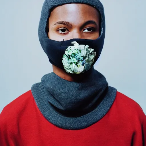 Image similar to realistic! photoshoot for a new balenciaga lookbook, color film photography, portrait of a beautiful woman wearing a balaclava mask, photo in style of tyler mitchell, fisheye lens