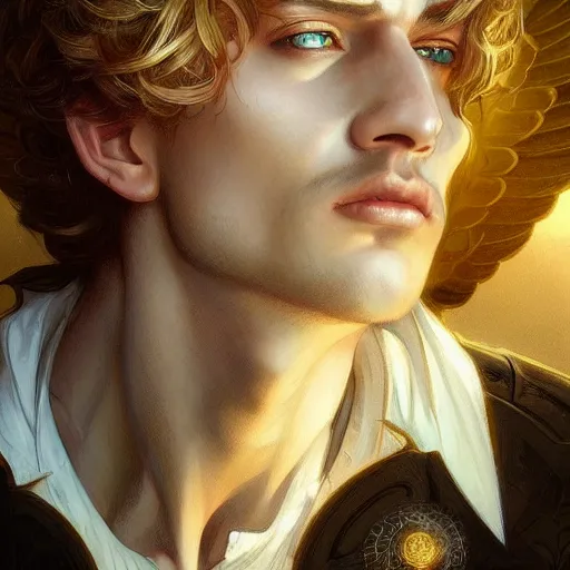 Image similar to up close portrait of a male angel, d & d, face, fantasy, intricate, elegant, highly detailed, digital painting, artstation, concept art, smooth, sharp focus, illustration, art by artgerm and greg rutkowski and alphonse mucha