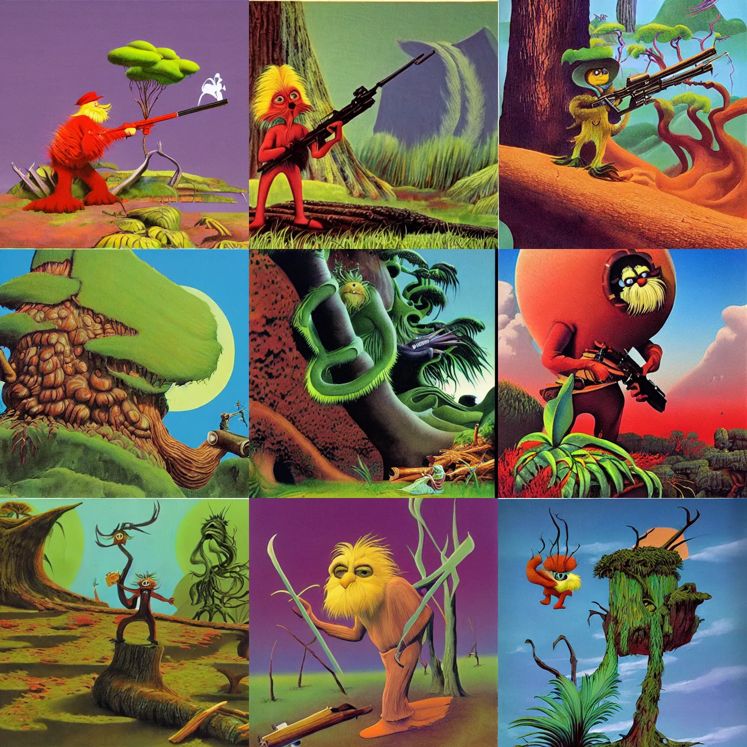 Prompt: art by roger dean. lorax stops loggers with assault rifle