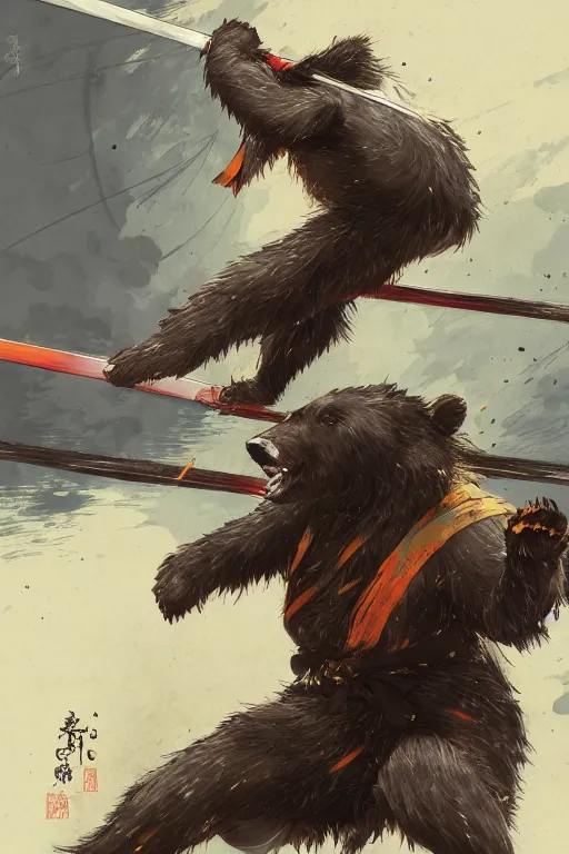 Prompt: key anime visuals rendering of a bear dressed as a ninja fighting with a katana. colorful design. higly detailed, intricate, greg rutkowski, anime manga style, trending on art station.