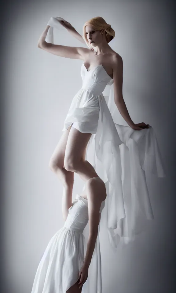 Image similar to photo of gorgeous seductive tall emily skinner cosplaying annie leonhart wearing elegant white dress, wearing open toe heels, in a white room, beautiful face, pale skin, rule of thirds, cinematic lighting, sharp focus, backlit, stunning, smooth, hard focus, full body shot, studio photo, shot on sony a 7 iii