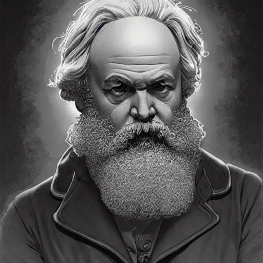 Image similar to Karl Marx pondering his orb, highly detailed, digital painting, artstation, concept art, smooth, sharp focus, illustration, art by todd lockwood and magalie villeneuve and alan lee and artgerm and greg rutkowski and alphonse mucha