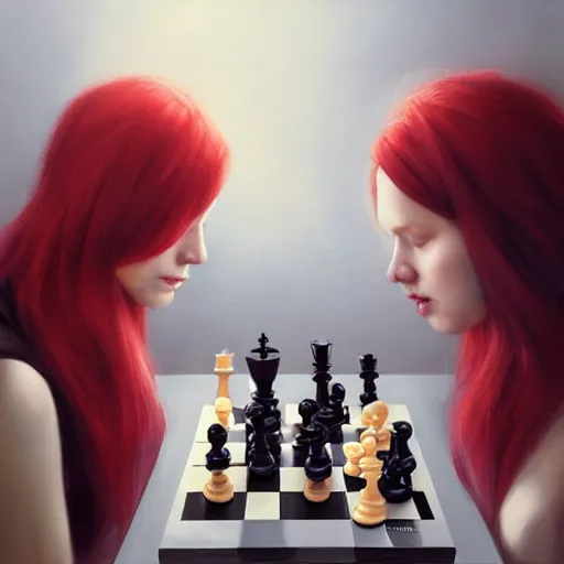 Prompt: Identical pale red haired Twin Women start playing chess against each other by Ruan Jia and Mandy Jurgens and Artgerm and william-adolphe bouguerea, highly detailed, trending on artstation, award winning,