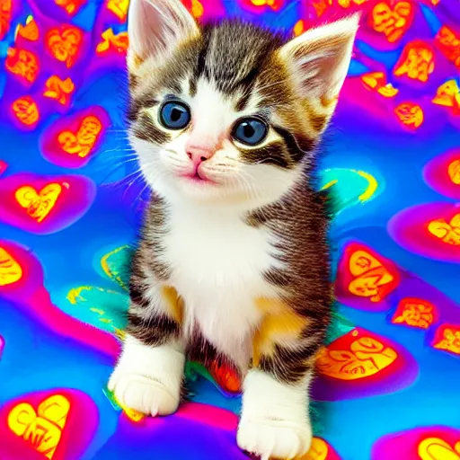 Prompt: An adorable kitten, by Lisa Frank