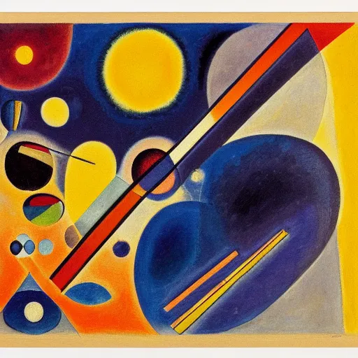 Prompt: abstract painting, astronaut on the moon looking at Earth, Wassily Kandinsky composition VIII in the year 1923, Guggenheim museum