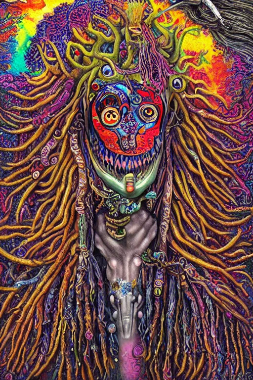 Prompt: a high detailed hyper detailed painting of a spiritual monster with dreadlocks and several eyes, pointy teeth and colorful skin with scales and strange textures, surreal psychedelic cosmic horror