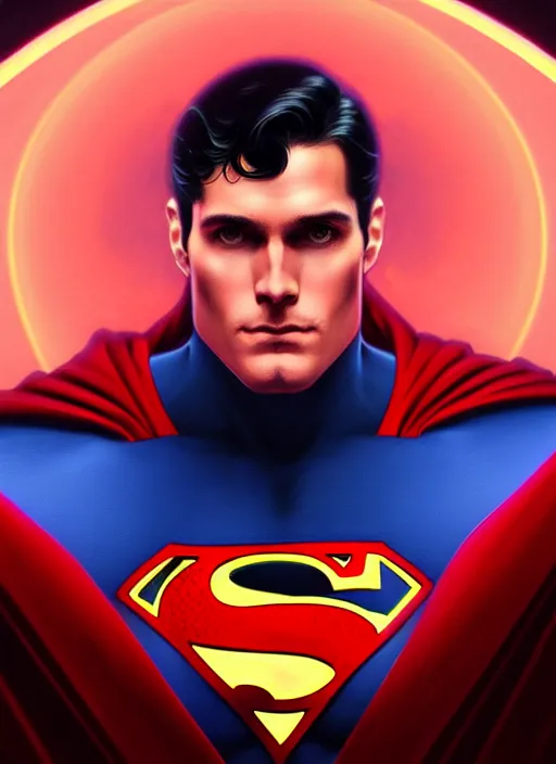 Image similar to symmetry!! portrait of superman, sci - fi, tech wear, glowing lights!! intricate, elegant, highly detailed, digital painting, artstation, concept art, smooth, sharp focus, illustration, art by artgerm and greg rutkowski and alphonse mucha