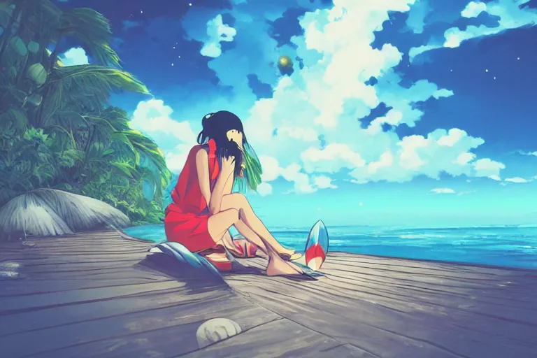 Image similar to anime woman sitting on surf board, tropical island, night time, wide angle, by studio ghibli, yuumei, anime, hazy, foggy, ambient lighting, cottagecore,