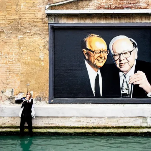 Image similar to A photograph of a Banksy painting of Warren Buffet and Paul McCartney in Venice