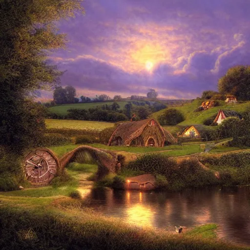 Prompt: Hobbiton by the river at the countryside in the evening, highly detailed matte painting, Alan Lee, Artstation,